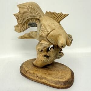 Hand Carved Wood Fish Sculpture Goldfish Koi Figurine Rustic Decor Coastal beach
